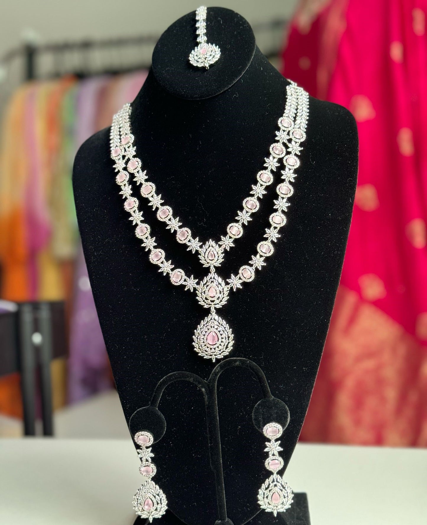 Silver Pink Long Double Layered Necklace Set