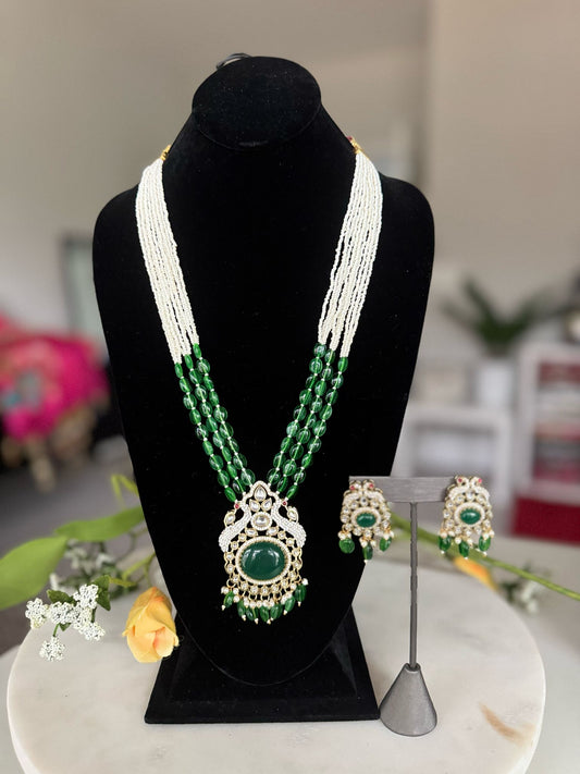 Multilayered Beads and Pearl Long Green Pendant Necklace Set with Long Earrings