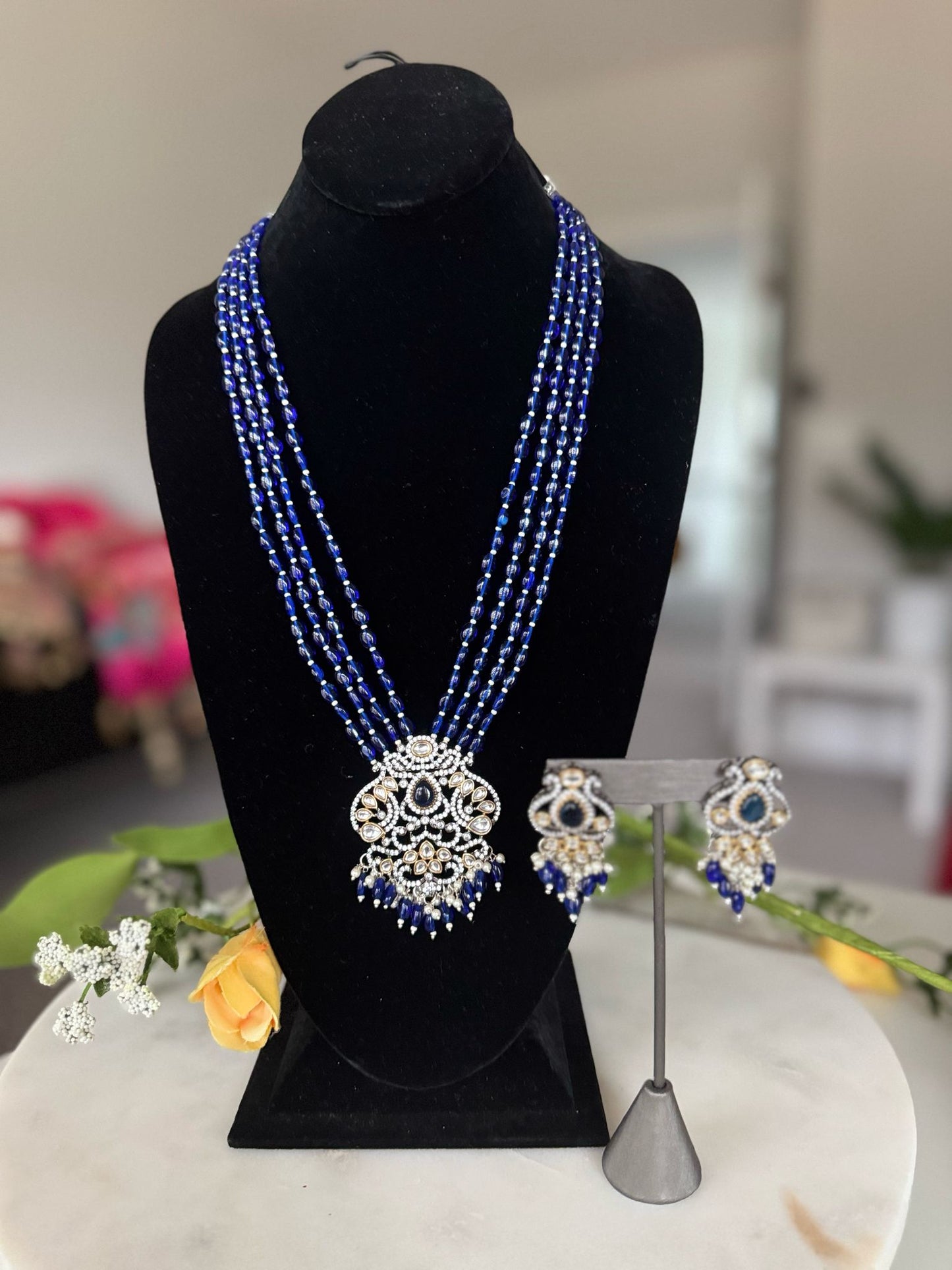 Royal Multilayered Blue Beads Long Pendant Set with Gorgeous Earrings