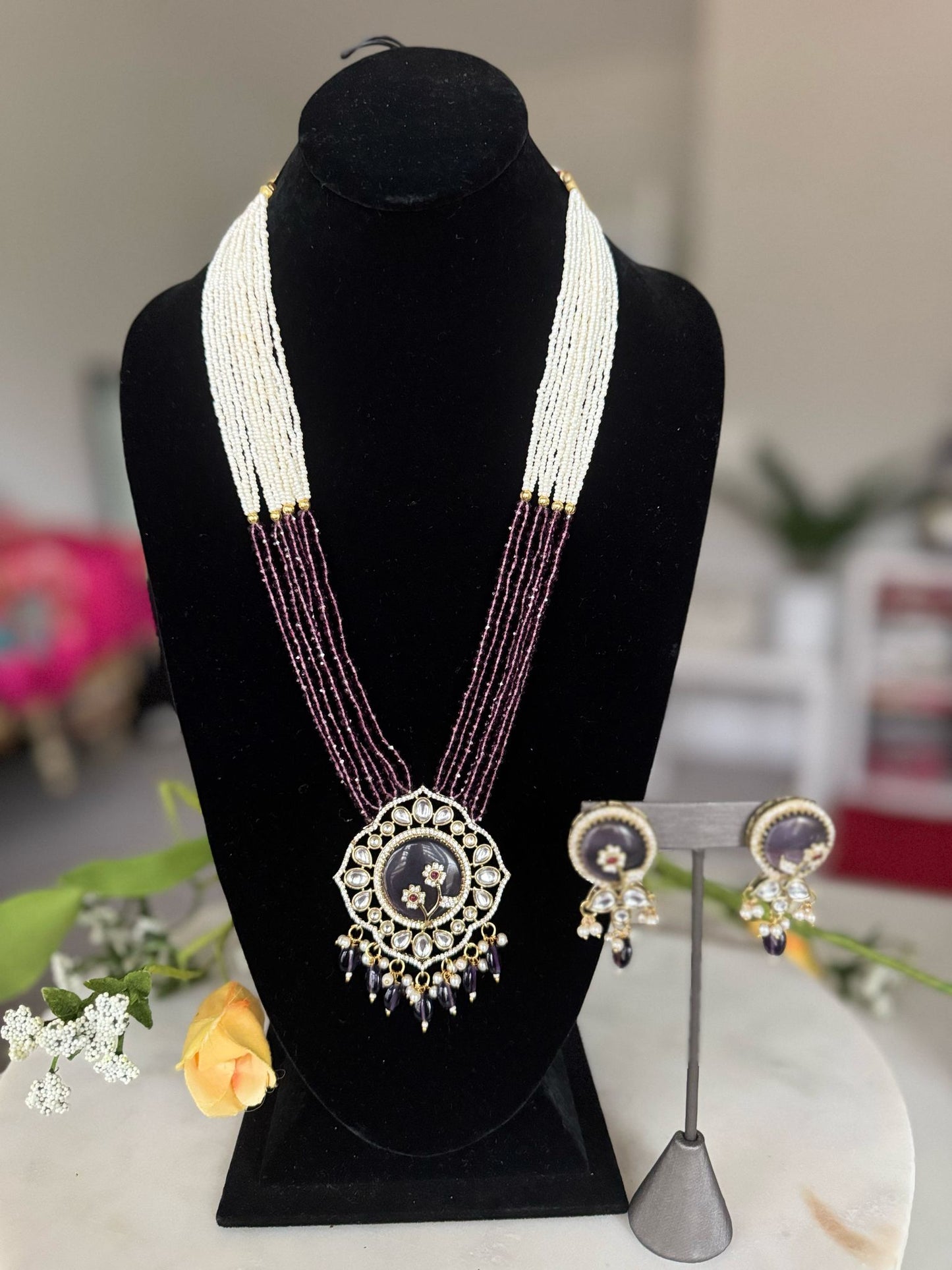 Traditional Multilayered Pearl Long Pendant Necklace Set with Gorgeous Earrings