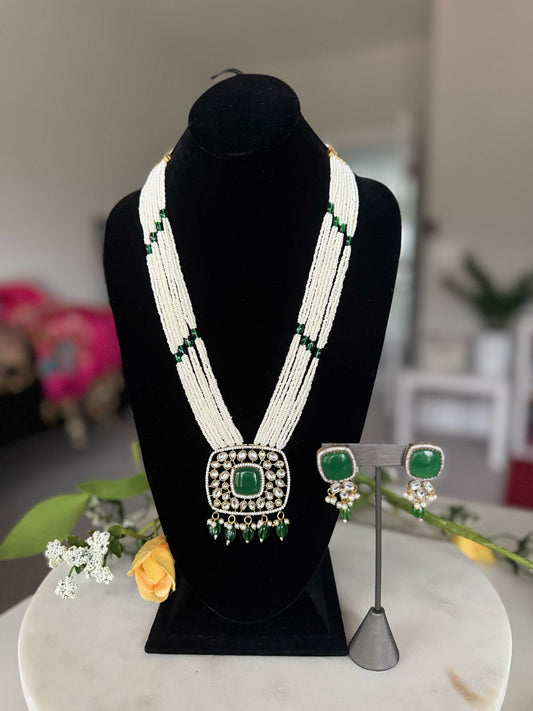 Elegance and Graceful Multilayered Pearl Green Pendant Set with Gorgeous Earrings