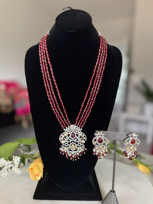 Royal Multilayered Red Beads Long Pendant Set with Gorgeous Earrings