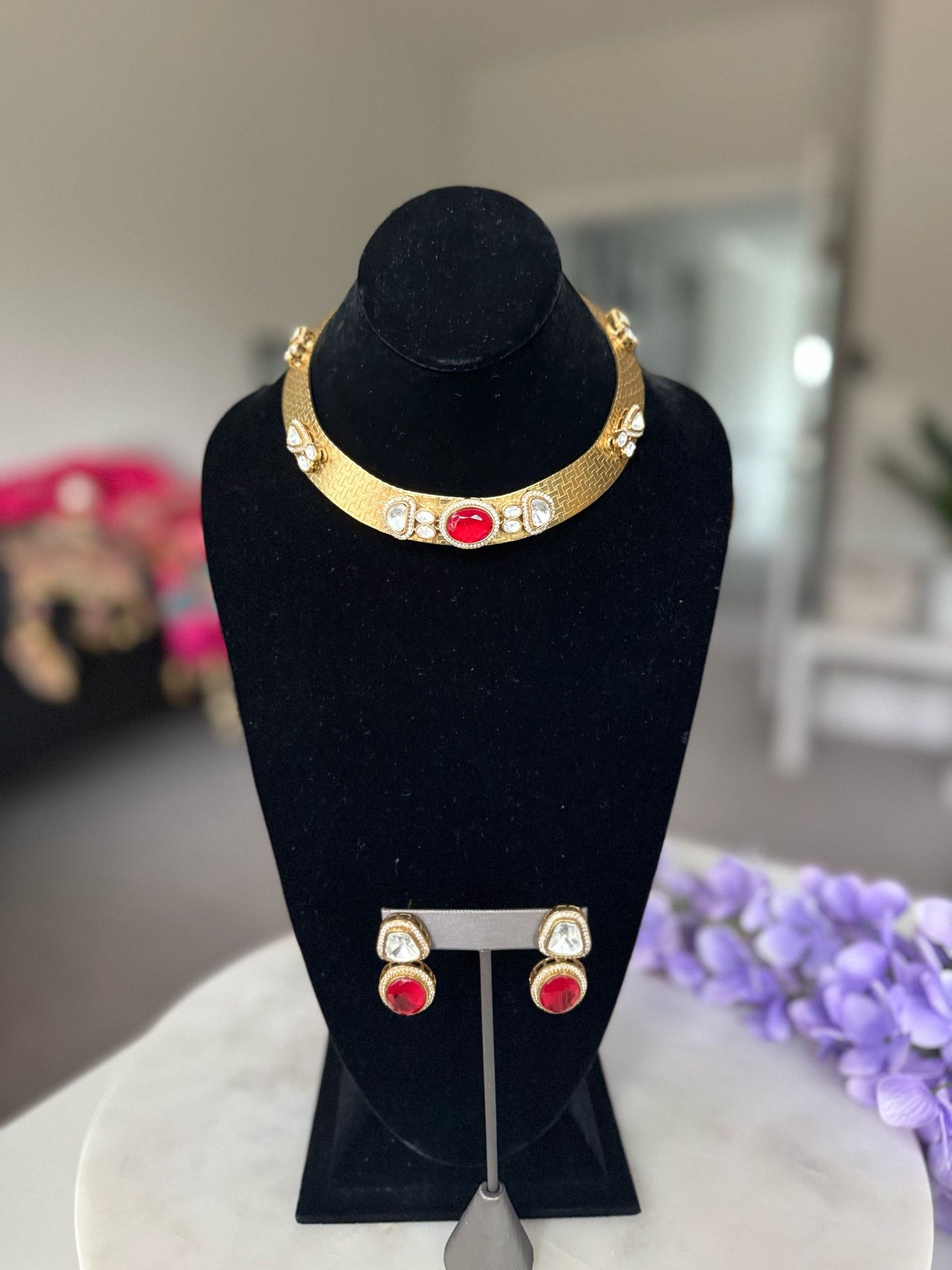 Gold Plated Beautiful Red Stone Studded Choker Set with Earrings