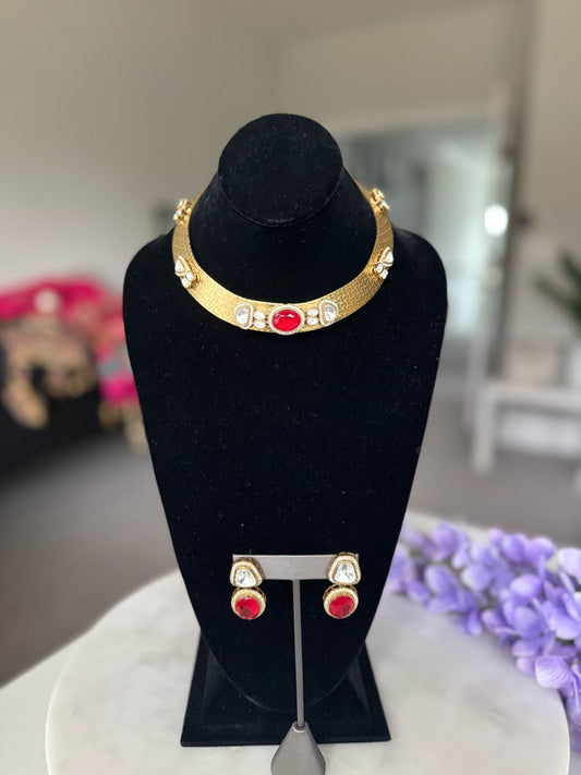 Gold Plated Beautiful Red Stone Studded Choker Set with Earrings