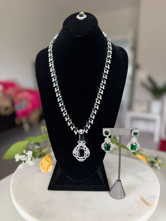 Ethnic Silver Plated Green Stone Studded Long Pendant Set with Attractive Earrings & Mang Tika