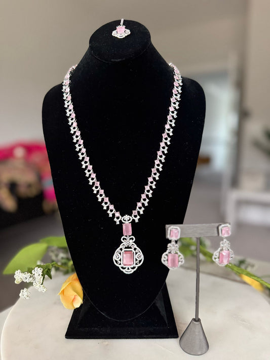 Ethnic Silver Plated Rose Pink Stone Studded Long Pendant Set with Attractive Earrings & Mang Tika