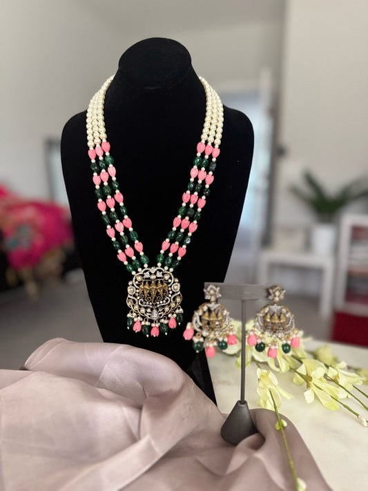 Multilayered and Multicolored Beads and Pearl Long Pendant with Traditional Temple Design Set with Polki Earrings