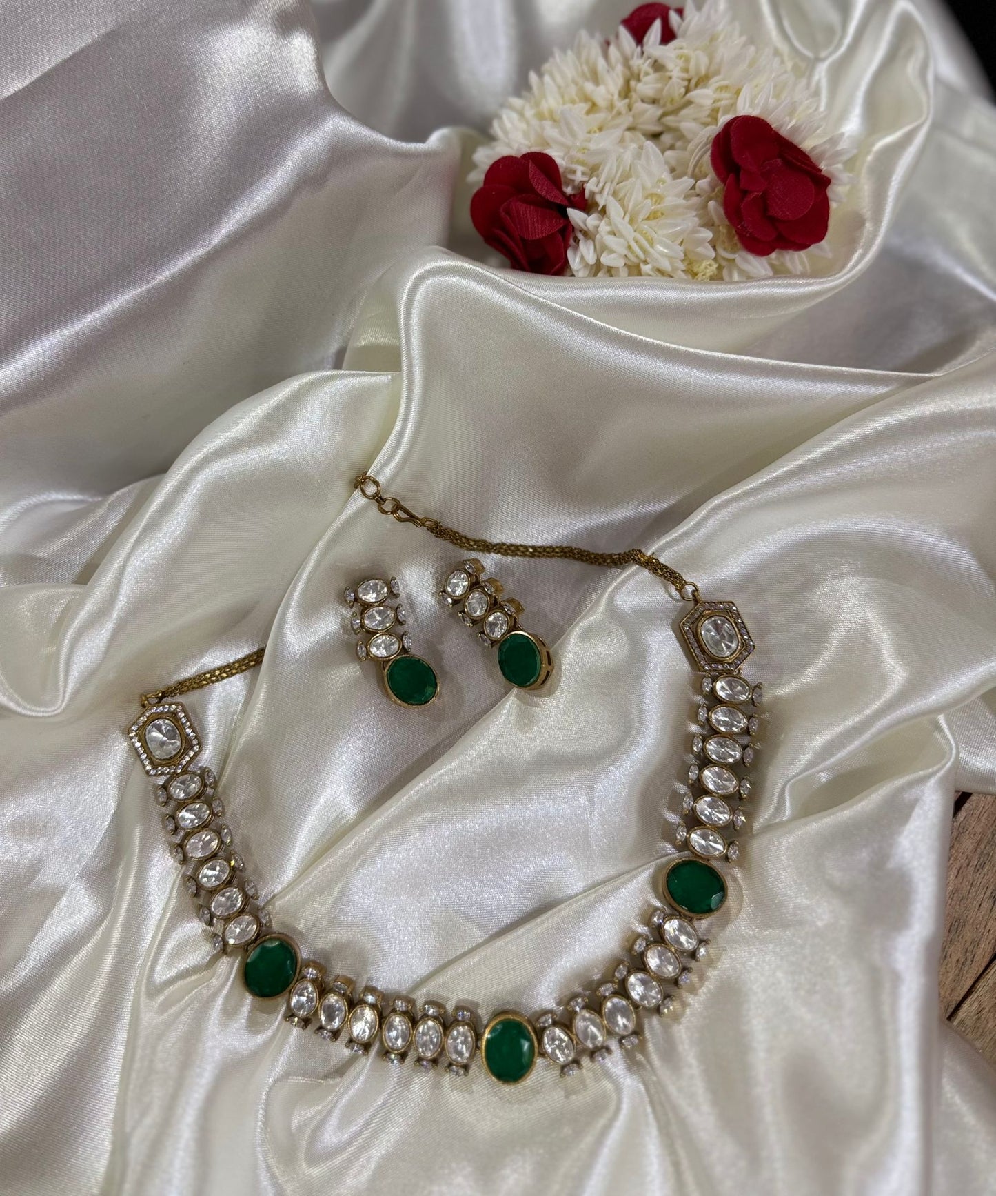 Gold Plated Kundan Green Stone Necklace with Earrings