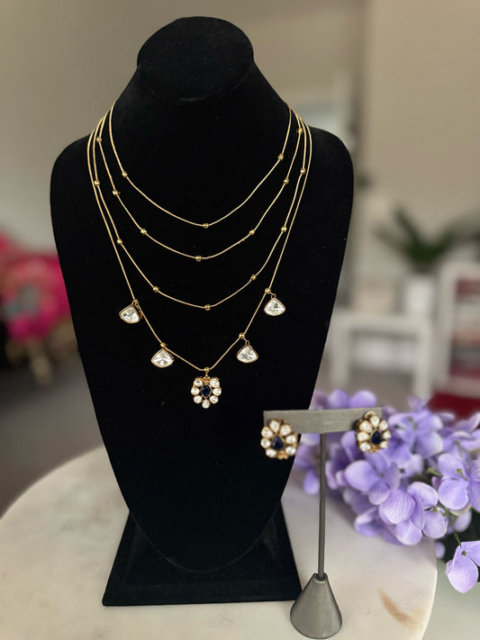 Fancy Multi Layered Golden Chain Stone Studded Necklace Set