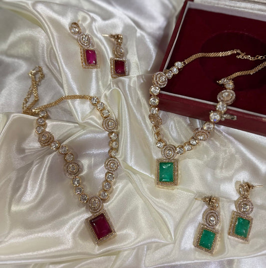 Embellished Red & Green Color Stones Fusion Necklace Set