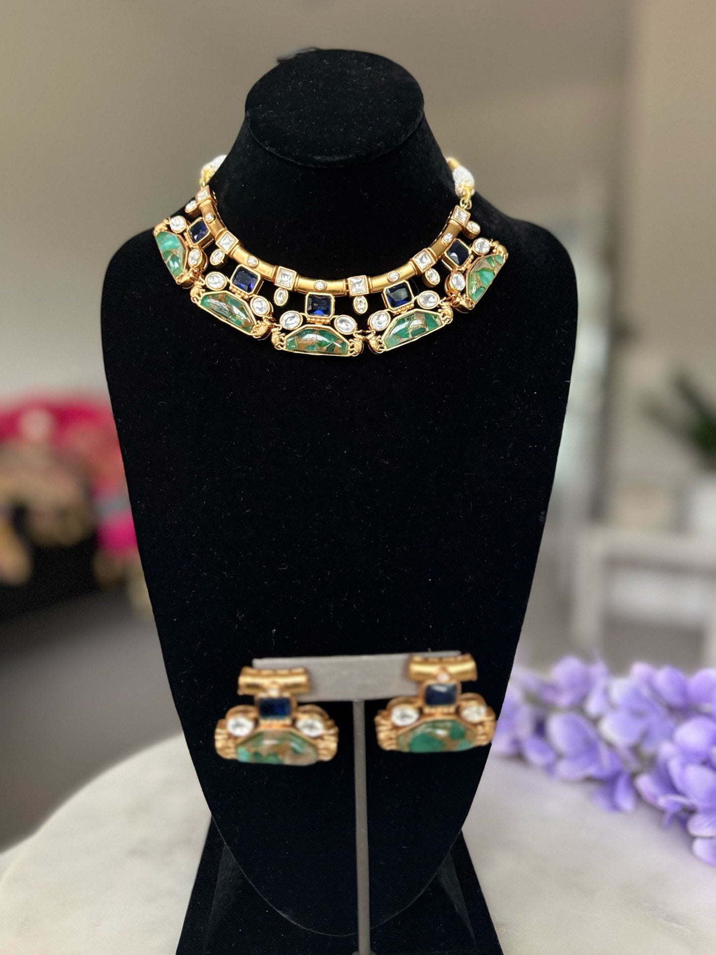 Elite Gold Plated Blue and Green Stone Studded Sparkling Necklace Set