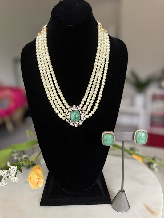 Long Multi Layered Pearl Green Necklace Set with Beautiful Studd Earrings