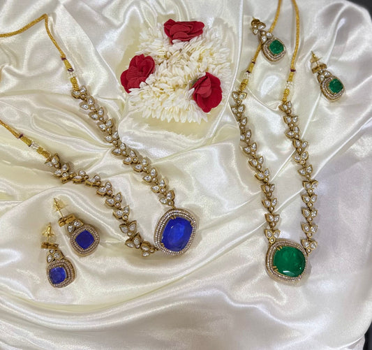 Gold Plated Kundan Blue & Green Stone Necklace Set