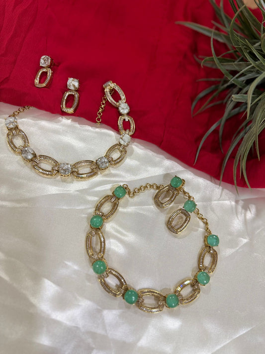 Gorgeous Gold Plated 7 Stone Necklace Set