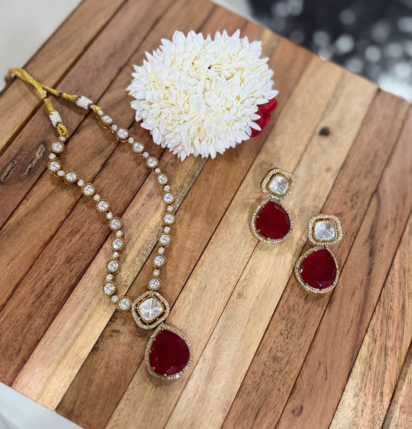 Gold Plated Kundan Red Stone Necklace and Beautiful Earrings