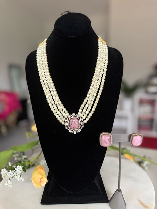 Long Multi Layered Pearl Pink Necklace Set with Beautiful Studd Earrings