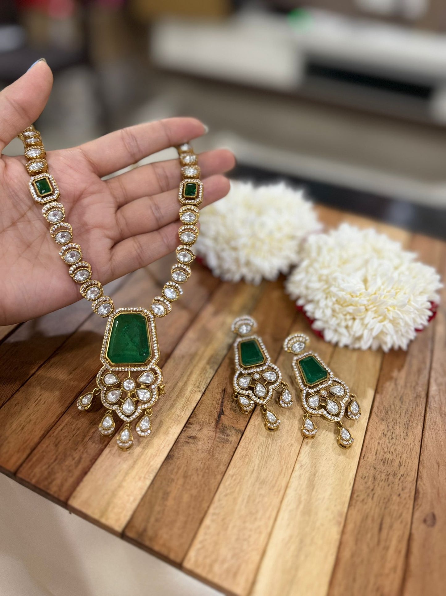 Traditional and Elegant Green Stone Long Necklace Set