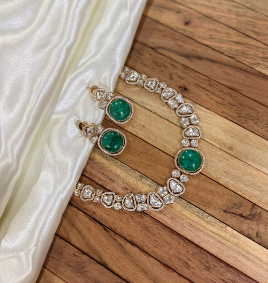 Modern Green Polki Golden Necklace Set