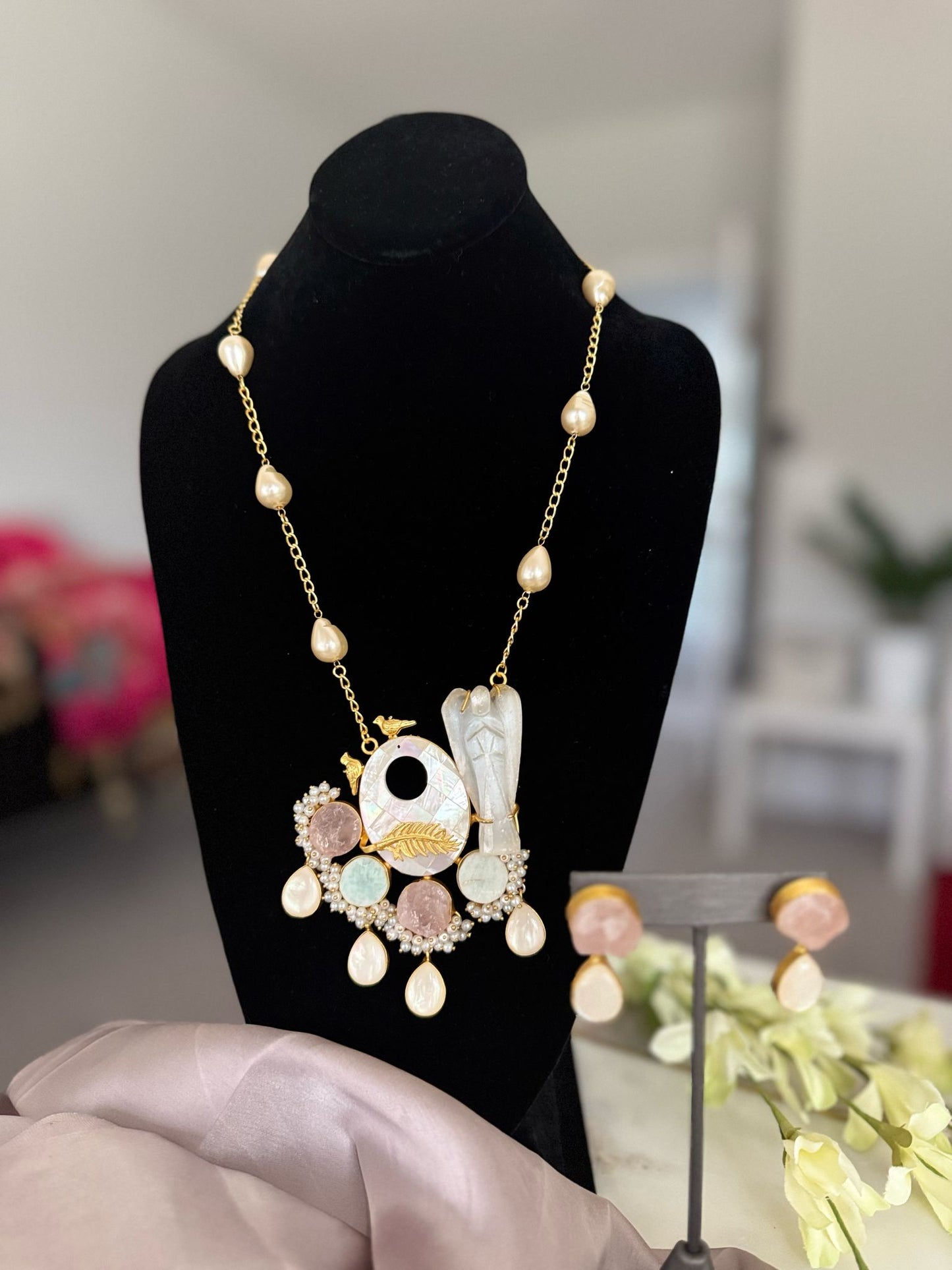 Latest Stylish Fancy String Multicolor Stones Necklace with Modern Earrings