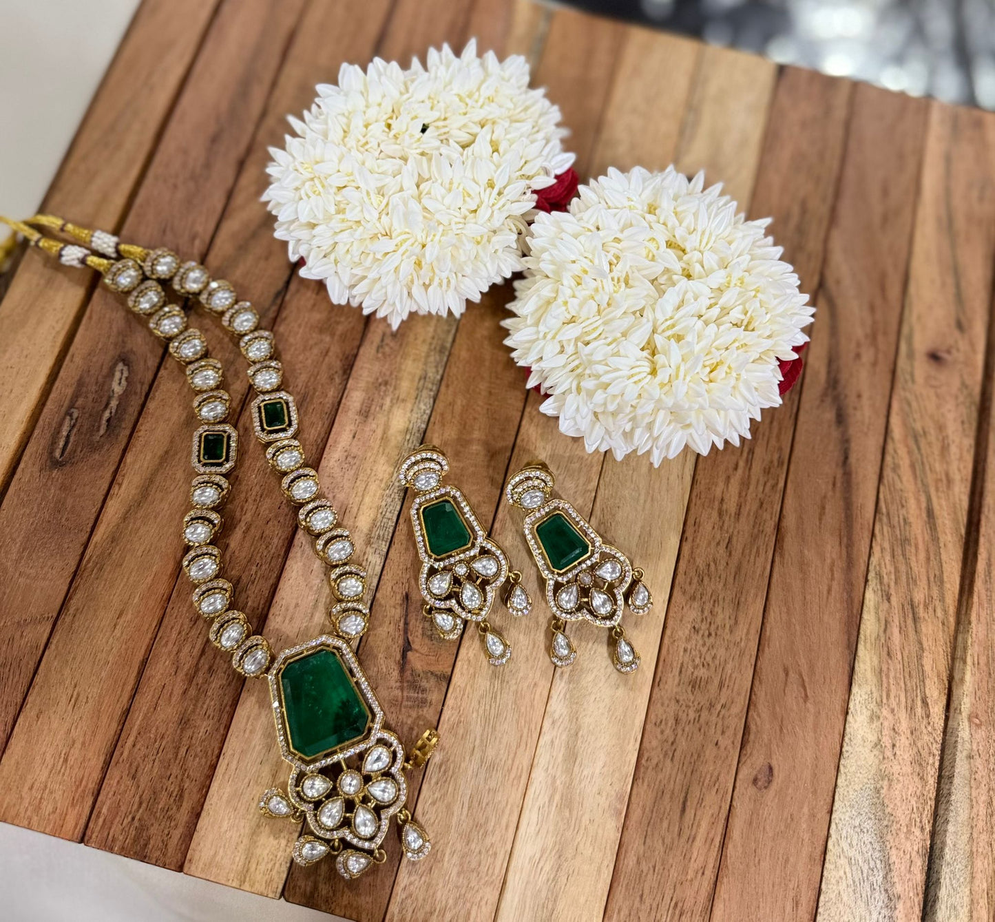 Traditional and Elegant Green Stone Long Necklace Set