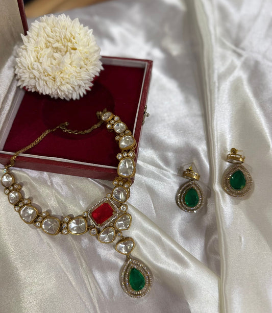 Kundan Red & Green Stone Golden Necklace Set