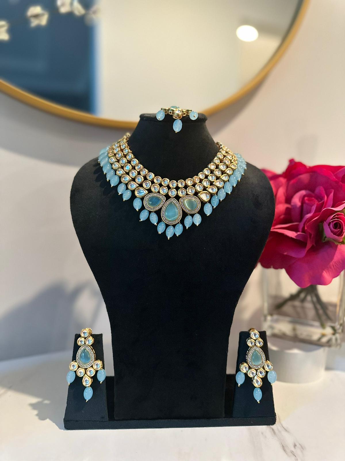 Beautiful Cyan Color Kundan Necklace and Earrings Set