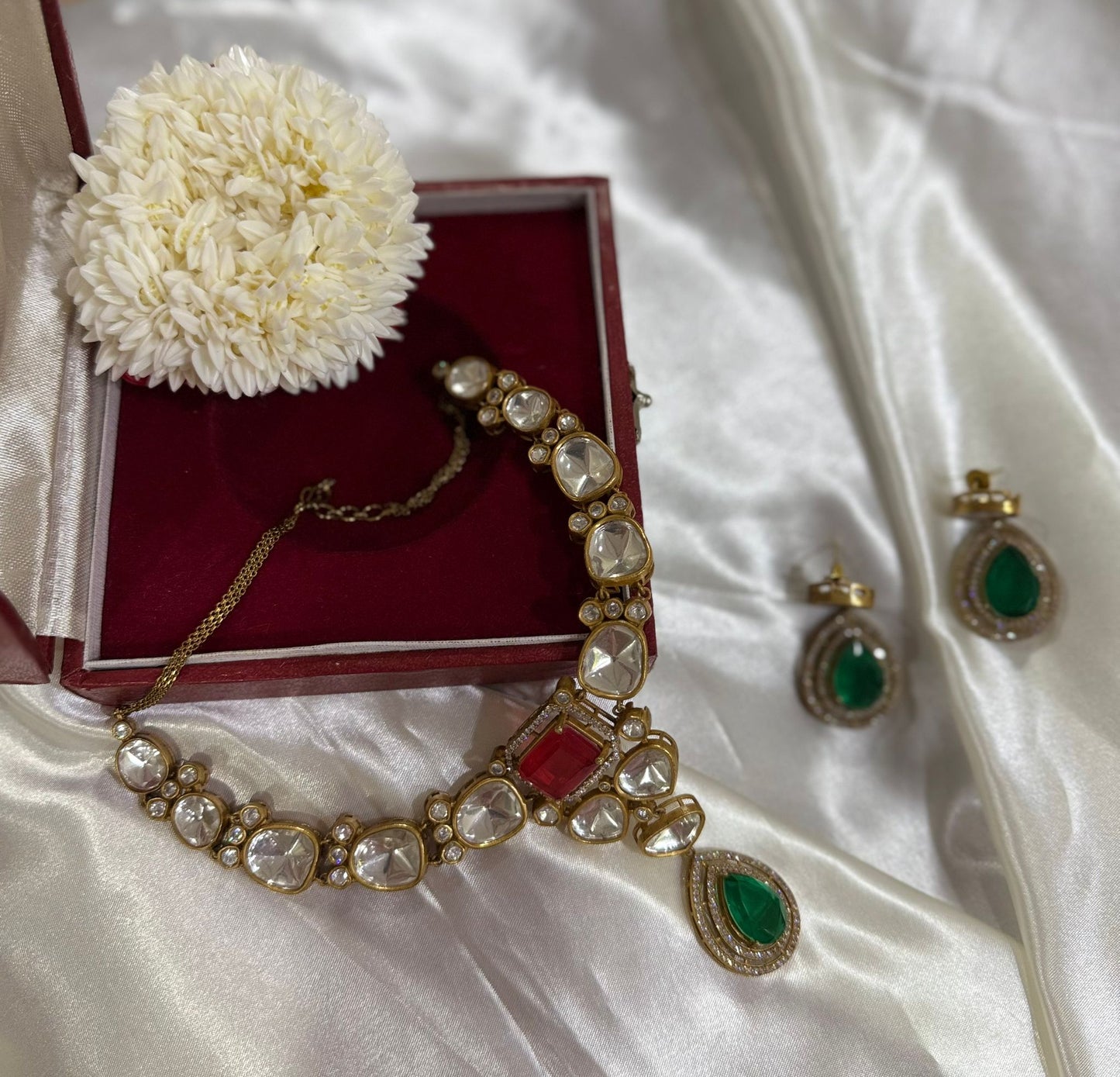 Kundan Red & Green Stone Golden Necklace Set